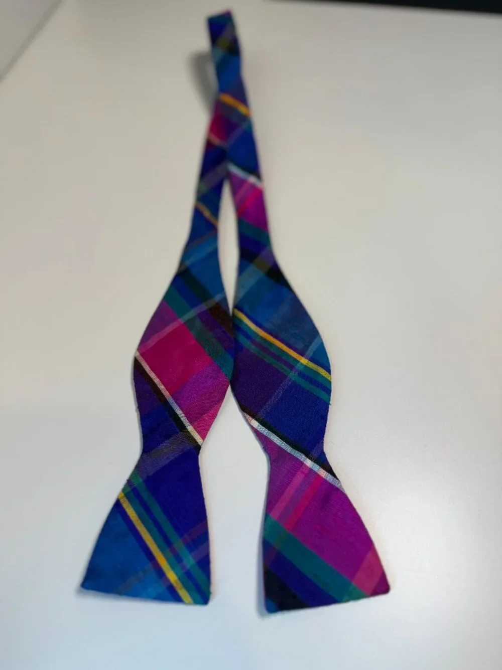 Beau Ties Ltd of Vermont Silk Plaid Self-Tie Bowtie Blue Pink Tartan